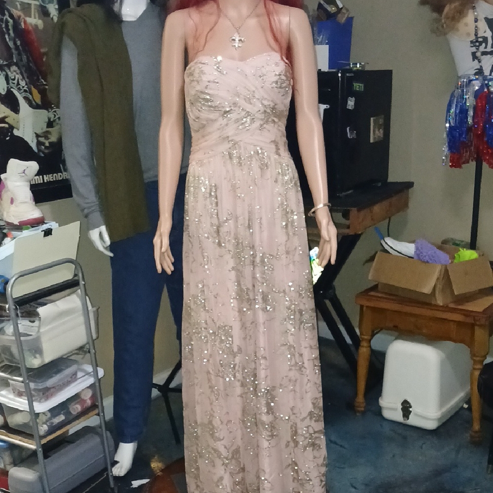 Elegant Strapless Pink Gown with Gold Accents
